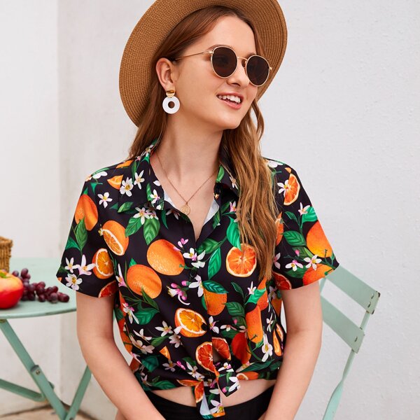 

Collared Floral and Orange Print Blouse, Multicolor