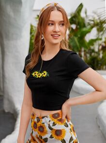 SHEIN Sunflower Embroidery Tied Backless Top - Black - View 3