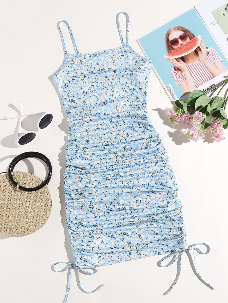 Soleia 抽繩結飾抽褶小碎花連衣裙 - 淺藍色 - 查看 1