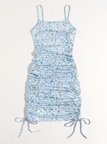 Soleia 抽繩結飾抽褶小碎花連衣裙 - 淺藍色 - 查看 3