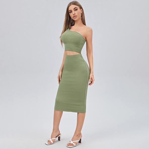 

One Shoulder Rib-knit Tee & Skirt Set, Mint green