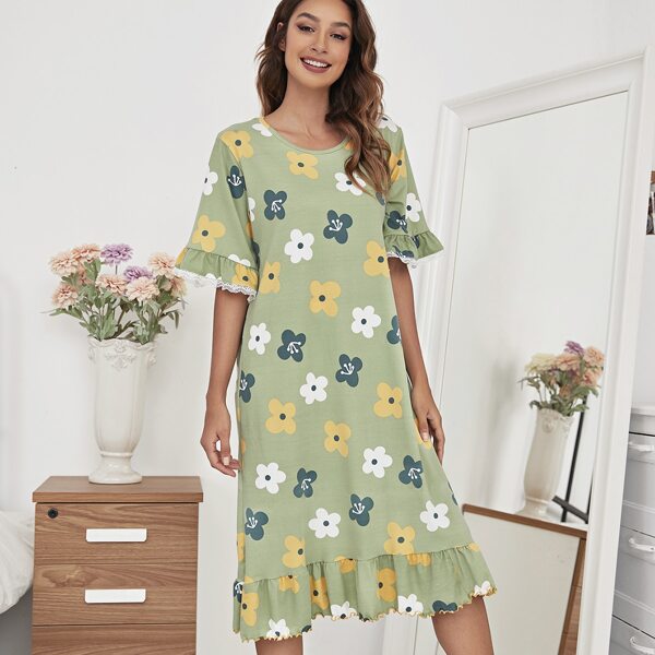 

Allover Floral Print Ruffle Hem Night Dress, Lime green