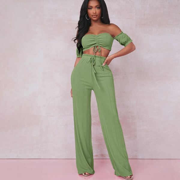 

Off Shoulder Drawstring Ruched Front Crop Top & Paperbag Waist Pants Set, Green