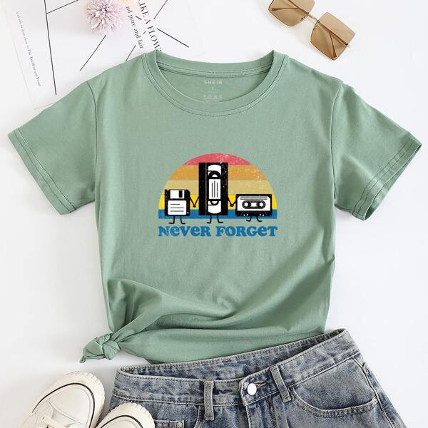 

Cassette & Slogan Print Tee, Green