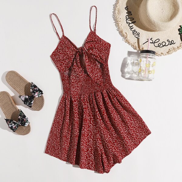

Tie Front Cut Out Shirred Waist Allover Plants Cami Romper, Burgundy