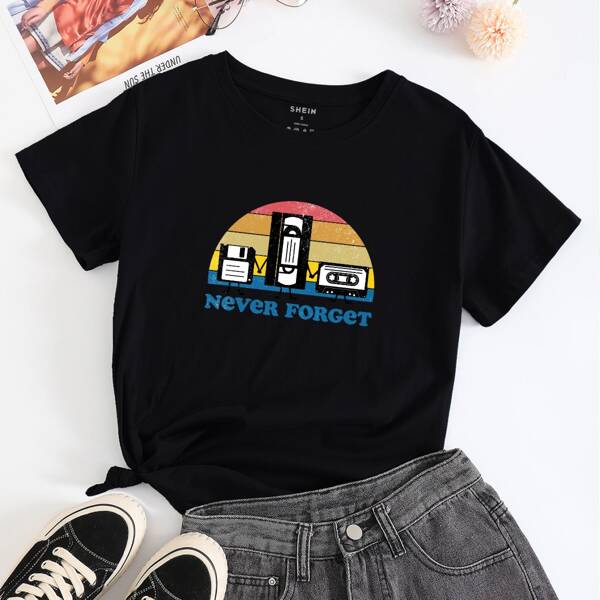 

Cassette & Slogan Print Tee, Black