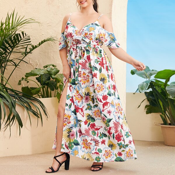 

Plus Cold Shoulder Self Belted Split Thigh Floral Cami Dress, Multicolor