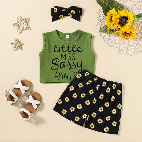 

Toddler Girls Slogan Graphic Top & Floral Shorts & Headband, Multicolor