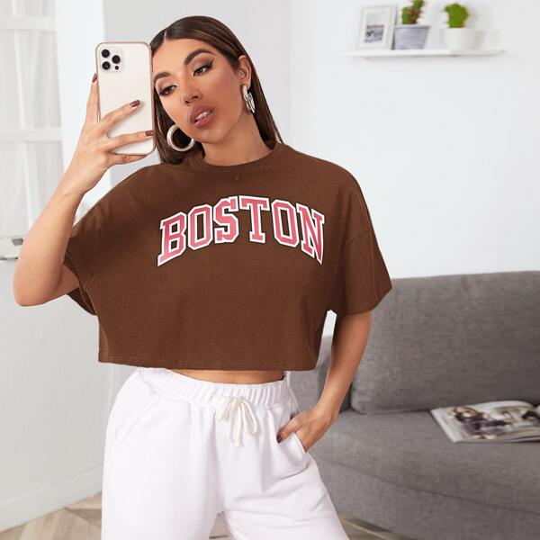 

Letter Graphic Drop Shoulder Crop Tee, Coffee brown