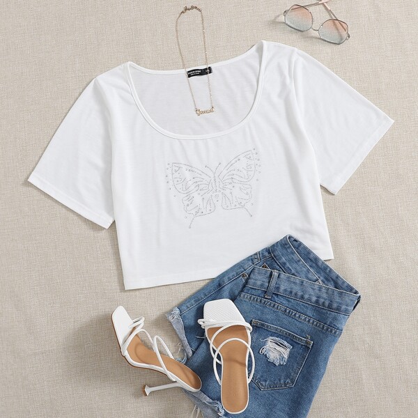 

Plus Butterfly Rhinestone Tee, White