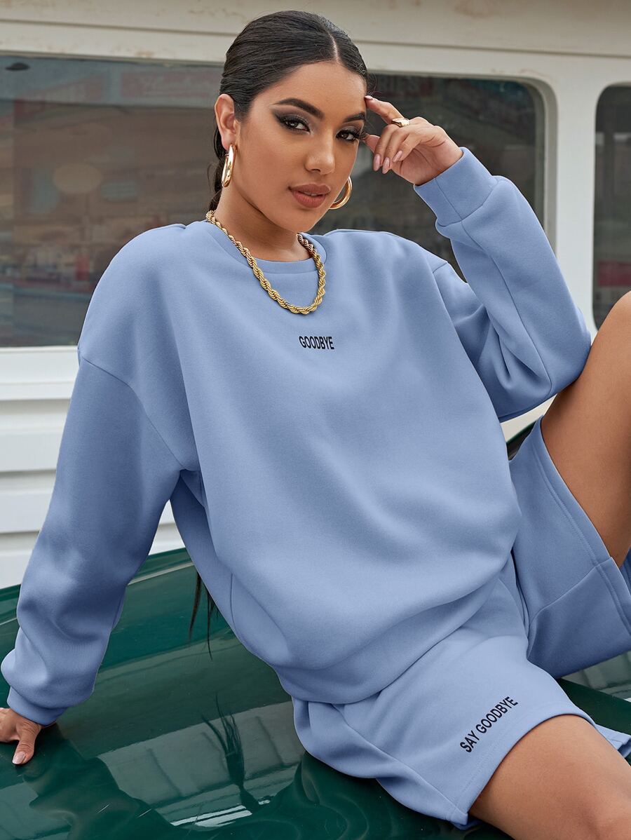 SHEIN Unity 落肩字母圖案套頭衫和短褲套裝 - 霧霾藍 - 查看 1
