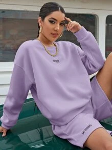 SHEIN Unity 落肩字母圖案套頭衫和短褲套裝 - 紫丁香色 - 查看 1