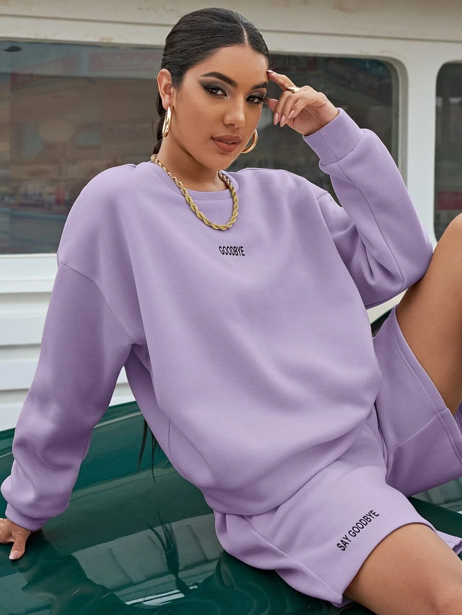 SHEIN Unity 落肩字母圖案套頭衫和短褲套裝 - 紫丁香色 - 查看 1