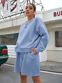 SHEIN Unity 落肩字母圖案套頭衫和短褲套裝 - 霧霾藍 - 查看 4