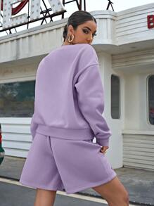 SHEIN Unity 落肩字母圖案套頭衫和短褲套裝 - 紫丁香色 - 查看 2