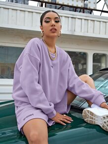 SHEIN Unity 落肩字母圖案套頭衫和短褲套裝 - 紫丁香色 - 查看 4