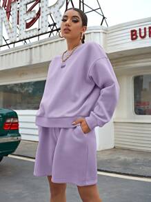 SHEIN Unity 落肩字母圖案套頭衫和短褲套裝 - 紫丁香色 - 查看 5