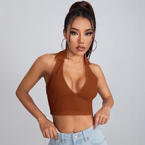 

Open Back Crop Halter Top, Brown