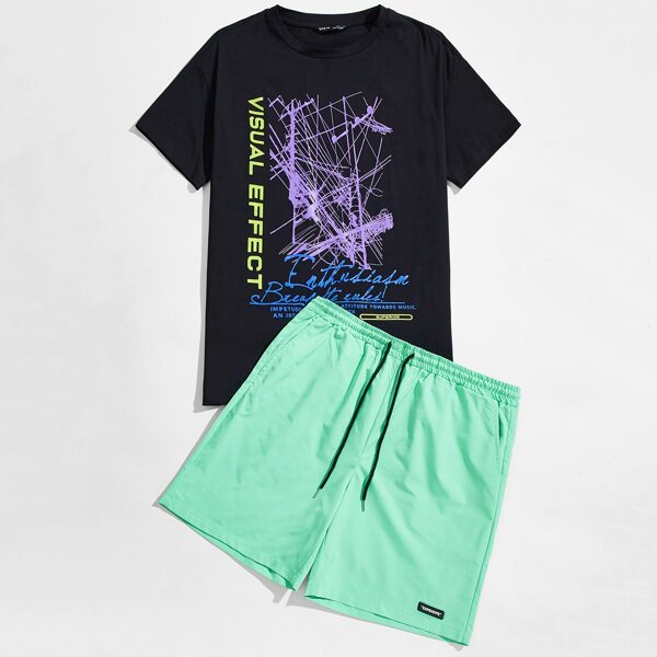 

Men Letter Graphic Drop Shoulder Tee & Patched Detail Shorts Set, Multicolor