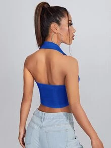 SHEIN Qutie Open Back Crop Halter Top - Royal Blue - View 2