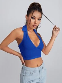 SHEIN Qutie Open Back Crop Halter Top - Royal Blue - View 3