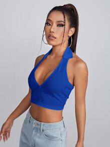 SHEIN Qutie Open Back Crop Halter Top - Royal Blue - View 4