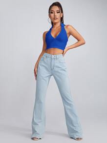 SHEIN Qutie Open Back Crop Halter Top - Royal Blue - View 5
