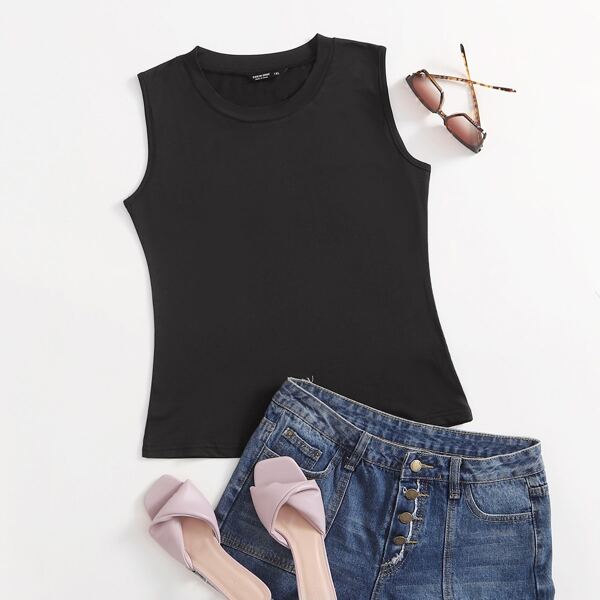 

Plus Solid Round Neck Tank Top, Black