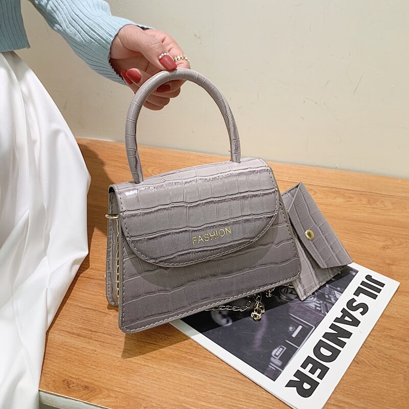 

Croc Embossed Satchel Bag With Purse, Light grey