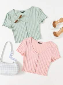 SHEIN EZwear 2 Packs Lettuce Trim Rib-Knit Tee - Multicolor - View 1