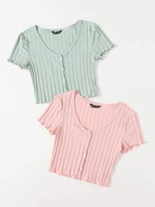 SHEIN EZwear 2 Packs Lettuce Trim Rib-Knit Tee - Multicolor - View 3