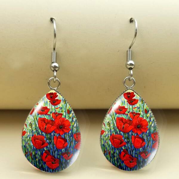 

Flower Print Water Drop Earrings, Red