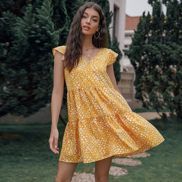 

Ditsy Floral V-neck Ruffle Trim Smock Dress, Yellow