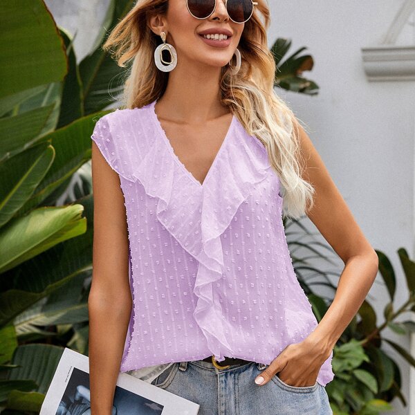 

Swiss Dot Ruffle Trim Blouse, Lilac purple