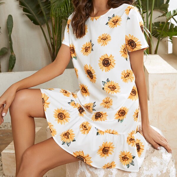 

Sunflower Print Smock Dress, White