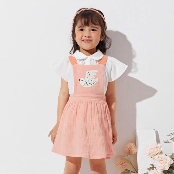 

Toddler Girls Crisscross Back Bird Print Overall Dress, Coral pink