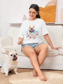 SHEIN Plus Floral and Dog Print Top - White - View 1