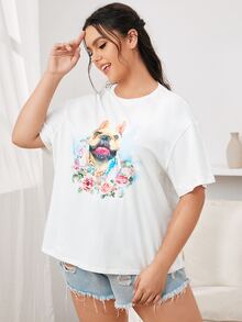 SHEIN Plus Floral and Dog Print Top - White - View 3