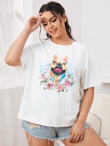 SHEIN Plus Floral and Dog Print Top - White - View 4