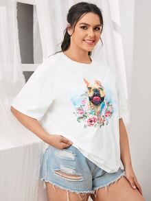 SHEIN Plus Floral and Dog Print Top - White - View 5