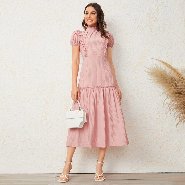 

Ruffle Trim Fold Pleated Yoke Dress, Baby pink