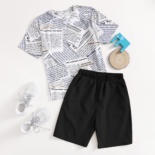 

Boys Newspaper Print Tee & Slant Pocket Shorts Set, Multicolor