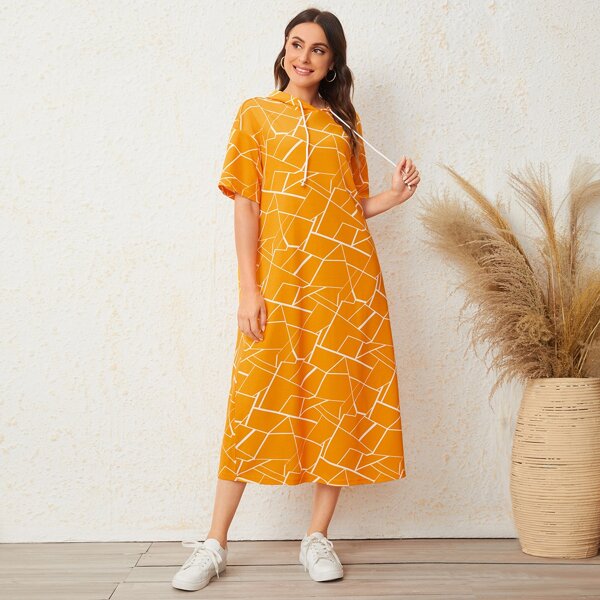 

Geo Print Drawstring Hooded Dress, Mustard yellow