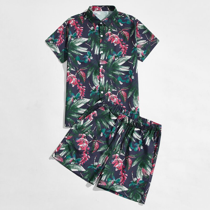 

Guys Tropical Print Shirt & Shorts, Multicolor