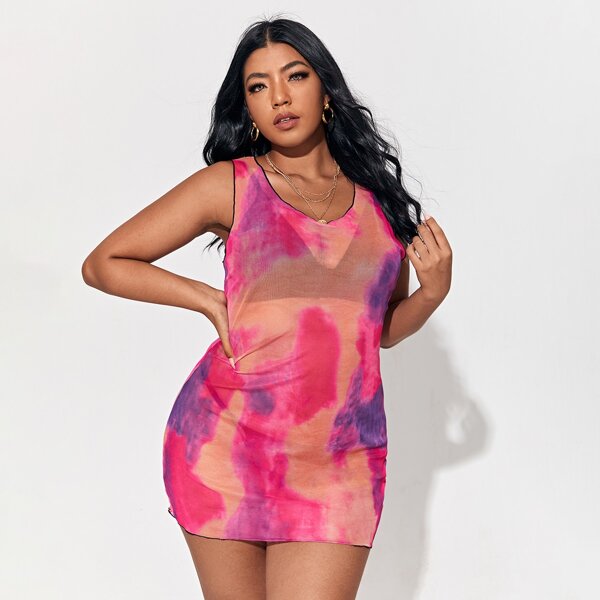 

Plus Tie Dye Mesh Dress, Multicolor