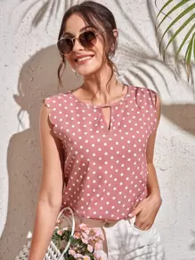SHEIN Clasi 鎖孔領貝殼邊波卡圓點上衣 - 藕粉色 - 查看 1