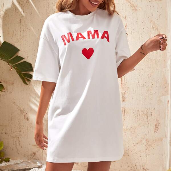 

Letter And Heart Print Tee Dress, White