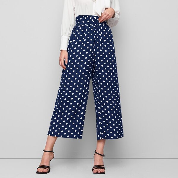 

Buckle Belted Wide Leg Polka Dot Pants, Multicolor