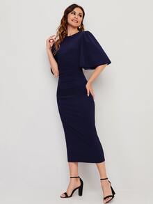 Mulvari Vestido bajo con abertura de espalda con ojal de manga mariposa - Azul Marino - Ver 4