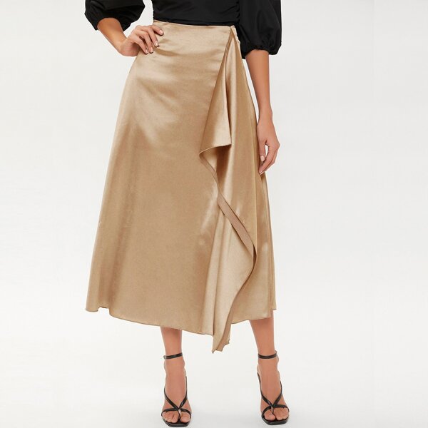 

Zipper Fly Draped Detail Satin Skirt, Khaki